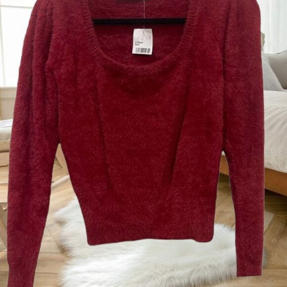 ASTR THE LABEL SQUARE NECK BURGUNDY WINE OX BLOOD FUZZY EYELASH SWEATER XL - Picture 9 of 16